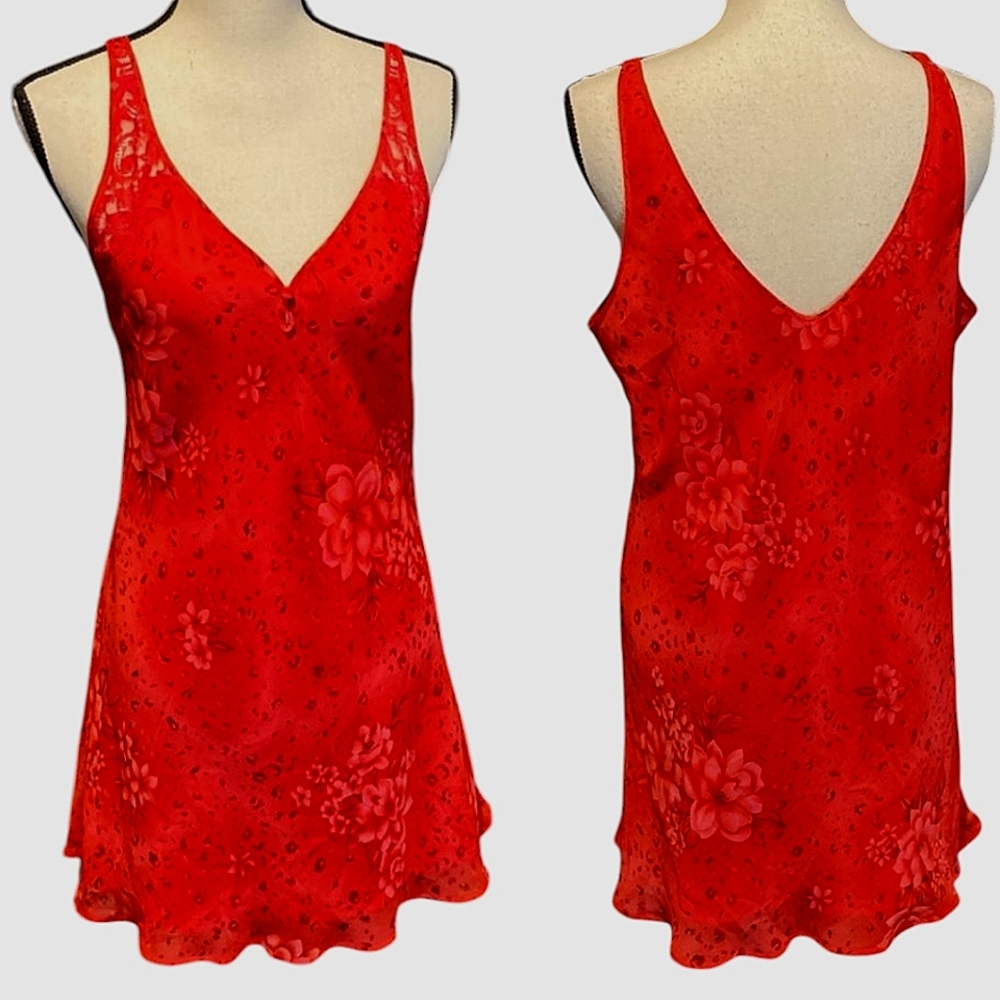 Lord & Taylor Vintage Red Floral Deep V Neck Chemise Slip Dress
